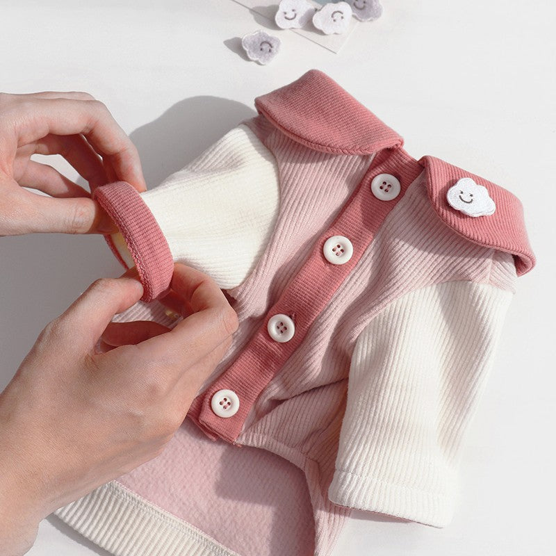 Ribbed Knit Puppy Sweater – Soft Button-Up Dog Outfit (Blue & Pink) | J + C Pet Co
